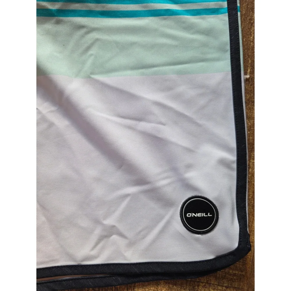 ONeill Mens Board Shorts 36 Black Teal‎ White Colorblock Striped Swim Trunks 9in